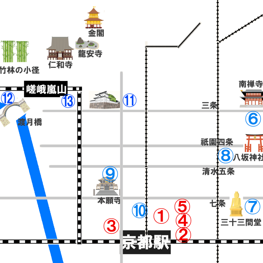 京都駅と観光地からアクセスの良いのホテルマップ